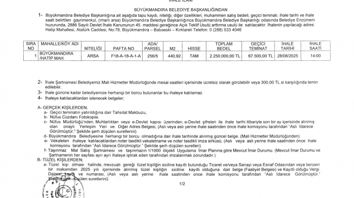 BÜYÜKMANDIRA BELEDİYE BAŞKANLIĞI ARSA SATIŞI İHALE İLANI